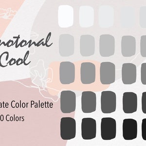 Könnte beinhalten: Eine Procreate-Farbpalette mit 30 Grautönen, die von Weiß bis Schwarz reichen. Die Palette trägt den Titel "Monotomal Cool".