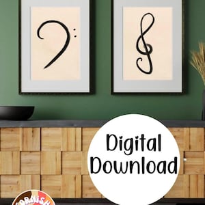 Conjunto de arte impressa com clave de fá de sol musical - Download digital - conjunto de 2 - Arte para impressão - arte de parede com tema musical - desenhada à mão - 23 tamanhos