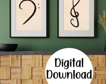 Treble & Bass Clef Art Print Set – Hand-Drawn Music Wall Art (Digital Download)