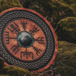 Handmade Wooden Viking Shield, Battle-Ready Viking Shield, 29.5-inch Round Shield, Black and Brown Viking Shield, Viking Cosplay Shield
