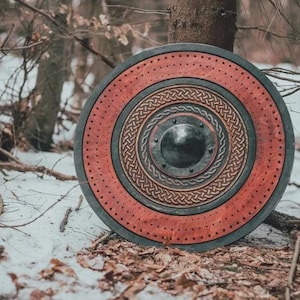 Wooden Viking Round Shield, Battle-Worn Viking Shield, 27.5-inch Viking Shield, Red and Black Viking Shield, Halloween Viking Shield