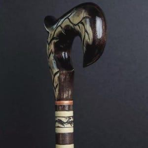 Hand‑Carved Wooden Shepherd Crook Walking Cane Tribal Spiral Handle Hiking Staff Unique Folk Art Wood Walking Stick Gift for Dad Grandfather