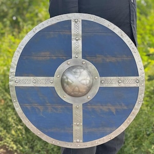 Handcrafted Viking Wooden Shield, Blue Nordic Design Shield, Viking Shield with Steel Accents, 24-inch Viking Shield, Round Viking Shield