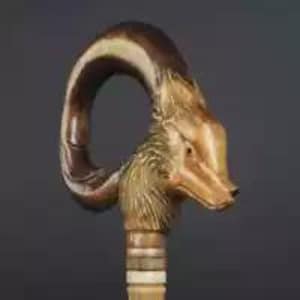 Ram Head Walking Cane Hand Carved Wooden Staff with Spiral Horn Handle Folk Art Cane Decorative Antique Style Gift for Him