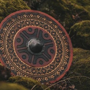 Handmade Wooden Viking Round Shield, Battle-Worn Viking Shield, 29.5-inch Viking Shield, Brown Viking Shield, Halloween Viking Shield