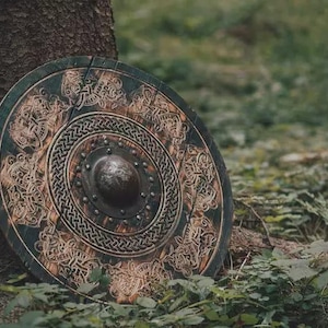 Handcrafted Viking Shield,  Aged Battle Finish Shield, 29.5-inch Viking Shield, Decorative Wooden Viking Shield, Wooden Round Shield