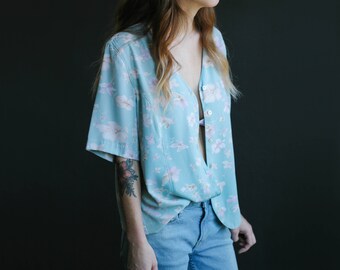 80’s Baby Blue Floral Print Blouse | Button-Down Shirt | Short Sleeve Top | S-M-L