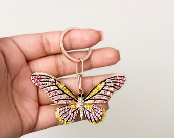 Rhinestone Pink and Yellow Butterfly Keychain | Rhinestone Keychain | Gift Keychain | Gift | Butterfly Accessories