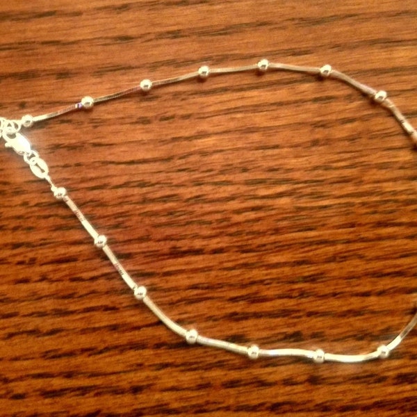 Beads on Square Snake Anklet Chain  9 - 10 Inch* Adjustable -- Sterling Silver -- MADE IN ITALY