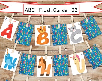 Alphabet Cards + Numbers 0 - 9, Watercolor Animals, Instant Download, Educational Letters, Homeschool, Kindergarten, Preschool Flash Card