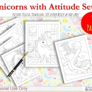 Unicorns with Attitude 9 Coloring Pages for Kids, Printables (Instant PDF Download), Set 6