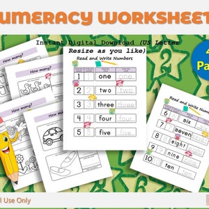 Puede incluir: Un conjunto de 40 hojas de trabajo de numeración imprimibles para niños. Las hojas de trabajo presentan ilustraciones coloridas de patos, coches, flores y zapatos. Las hojas de trabajo incluyen actividades como contar objetos y escribir números. El texto en la página dice "Hojas de trabajo de numeración", "Descarga digital instantánea (Carta de EE. UU. Redimensionar a tu gusto)", "Leer y escribir números", "¿Cuántos?", "40 páginas" y "Solo para uso personal".