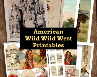 Puede incluir: Una colección de imágenes imprimibles con ilustraciones vintage de nativos americanos, vaqueros y escenas del oeste. Las imágenes incluyen un grupo de mujeres nativas americanas, un vaquero montando un caballo, un toro y un hombre nativo americano con vestimenta tradicional. El texto "American Wild Wild West Printables" se muestra en una pancarta amarilla.