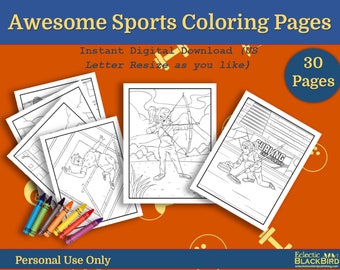 Awesome Sports Coloring Pages for Kids, Printables (Instant PDF Download), Set 1