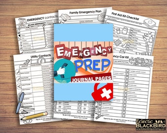 May include: A set of printable emergency preparedness journal pages with a blue cover that says "Emergency Prep Journal Pages". The pages include checklists for emergency contacts, utility contacts, family emergency plans, first aid kits, and car kits.