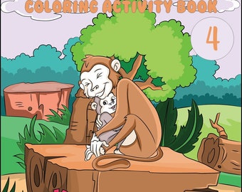 May include: A colouring book page featuring a mother monkey hugging her baby monkey. The monkeys are sitting on a tree stump in a green forest setting. The title of the book is "Mothers Love Colouring Activity Book 4".