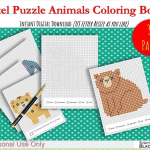 Pixel Puzzle Pals, Animal Pictures to Color by Squares to Reveal Hidden Picture 30 Pages for Kids, Printables(Instant PDF Download)