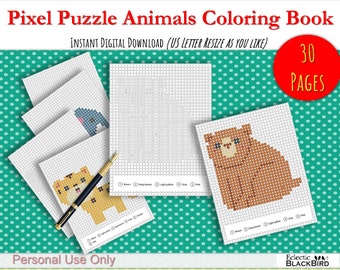 Pixel Puzzle Pals, Animal Pictures to Color by Squares to Reveal Hidden Picture 30 Pages for Kids, Printables(Instant PDF Download)