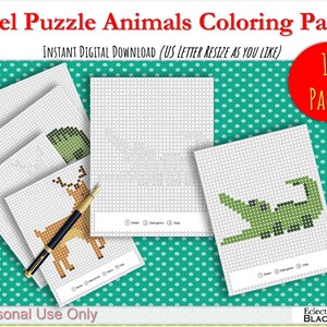 Pixel Puzzle Pals, Animal Pictures to Color by Squares to Reveal Hidden Picture 10 Pages for Kids, Printables(Instant PDF Download), Set 1
