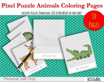 May include: Printable pixel art colouring pages featuring a deer, alligator, and other animals.  The pages are designed for US letter size paper and can be resized.  The text "Instant Digital Download (US Letter Resize as You Like)" and "10 Pages" is included in the image.  Personal Use Only.