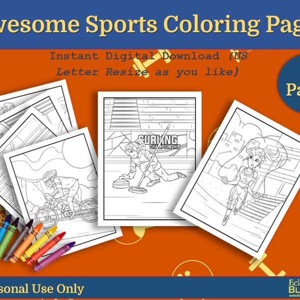 Awesome Sports Coloring Pages for Kids, Printables (Instant PDF Download), Set 3