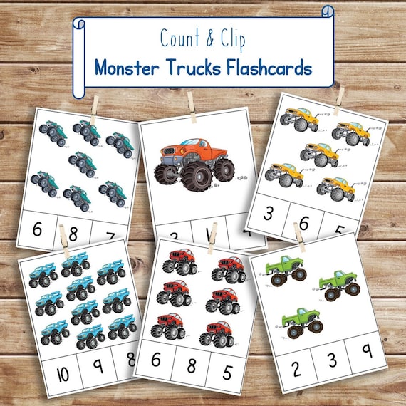 Count And Clip Monster Truck Flashcards, Counting Flashcards For Kids, Counting Practices For Kinder To Grade 1, Fun Activity For Family