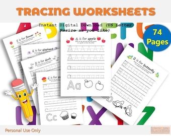 May include: A set of 74 printable tracing worksheets for kids to practice writing the alphabet. Each page features a letter of the alphabet, a picture, and dotted lines for tracing. The worksheets are designed for US Letter size paper and can be resized as needed.