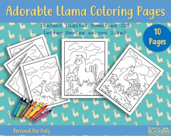 Adorable Llama Coloring Pages for Kids, Printables (Instant PDF Download), Set 2