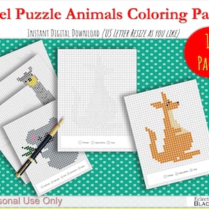 Puede incluir: Diez páginas para colorear de arte de píxeles imprimibles con animales. Las páginas están diseñadas para papel de tamaño carta de EE. UU. y se pueden cambiar de tamaño. Los animales incluyen un koala, una llama y un canguro.