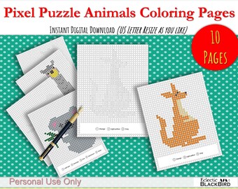 May include: Ten printable pixel art colouring pages featuring animals. The pages are designed for US letter size paper and can be resized. The animals include a koala, a llama, and a kangaroo.