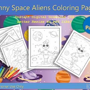 Funny Space Aliens Coloring Pages for Kids, Printables (Instant PDF Download), Set 2