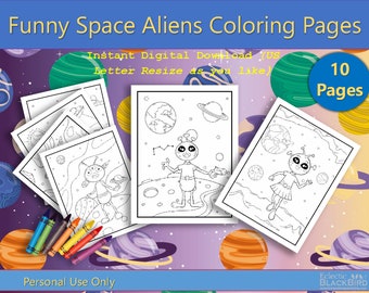 Può includere: Un set di 10 pagine da colorare in bianco e nero con divertenti alieni spaziali. Le pagine sono progettate per uso personale e sono disponibili per il download digitale istantaneo. Il testo "Funny Space Aliens Coloring Pages" e "10 Pages" è visibile nell'immagine.