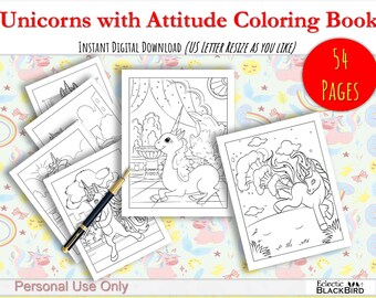 Unicorns with Attitude Coloring Book for Kids, Printables (Instant PDF Download), Full Set 54 Pages