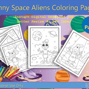 Funny Space Aliens Coloring Pages for Kids, Printables (Instant PDF Download), Set 1