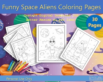 Può includere: Un set di 30 pagine da colorare in bianco e nero con divertenti alieni spaziali. Le pagine sono progettate per uso personale e possono essere ridimensionate digitalmente. L'immagine mostra una pagina di esempio con un alieno in piedi su un pianeta.