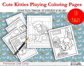 Cute Kitties Playing 10 Coloring Pages for Kids, Printables (Instant PDF Download), Set 1