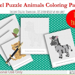 Pixel Puzzle Pals, Animal Pictures to Color by Squares to Reveal Hidden Picture 10 Pages for Kids, Printables(Instant PDF Download), Set 3
