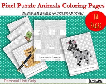 Op de afbeelding: Tien afdrukbare pixel art kleurplaten met dierendesigns. Elke pagina bevat een raster met genummerde vierkanten om in te kleuren, en een kleurenkaart met instructies. De pagina's zijn alleen bedoeld voor persoonlijk gebruik.