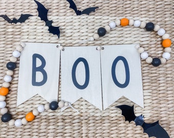 Halloween Boo Banner | Wooden Beaded Banner | Halloween Bunting Banner | Farmhouse Halloween Decor | Boho Halloween