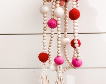 Valentine’s Day garland with tassels | felt ball garland | wooden beaded garland | shelf decor | cotton tassel | red pink white