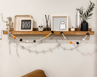 Halloween Felt Ball Garland | Wooden beaded garland | shelf decor | farmhouse halloween decorations | orange black white decorations | boho