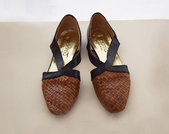 Vintage braided leather shoes, brown/black woven flats