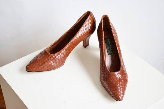 Vintage woven leather pumps Cognac 