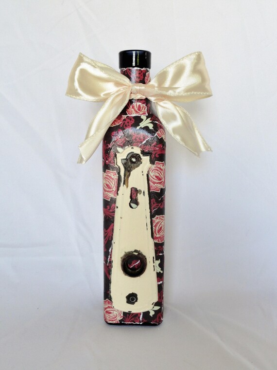Decoupage Bottle Decor: Red Roses, Antique Door Hardware, Shabby Chic