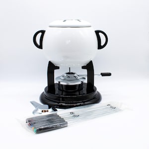 Rosco 10 Piece Vintage Fondue Set, Stainless Steel Enamel Pot, Chafing Fuel Burner