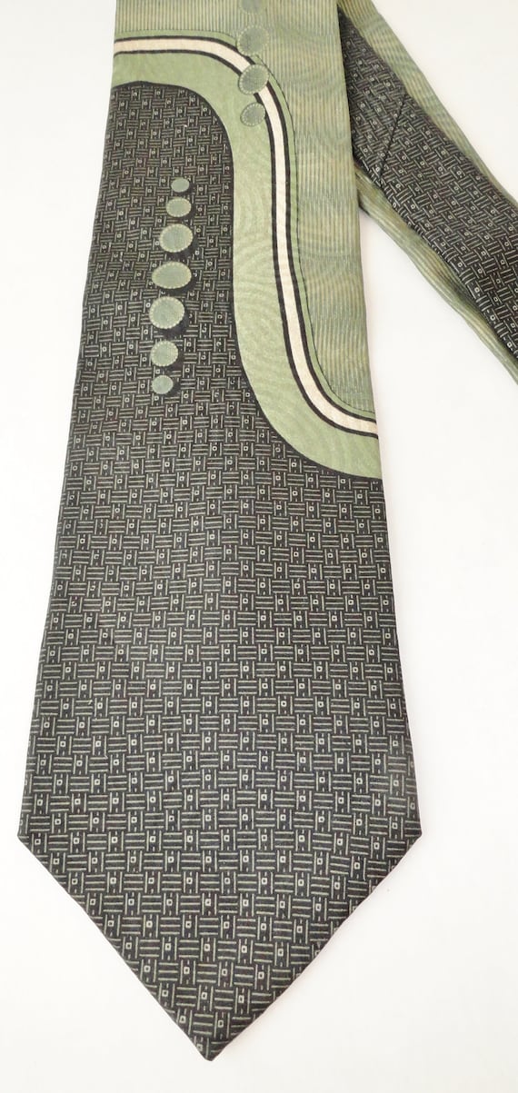 Vintage Silk Necktie, Green Black and Tan, Abstra… - image 2