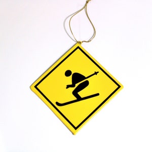 Caution Downhill Skier Vintage Christmas Tree Ornament, Yellow Stickman Warning Sign, Snow Skiing Winter Sports, Ski Bum Holiday Gifts