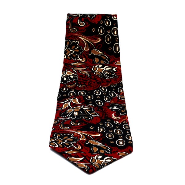 Vintage Silk Necktie, Black Red Gold White, Silk Accents, 1990's, Men's Fashion Accessories, Floral Abstract Avant Garde, Formal Attire