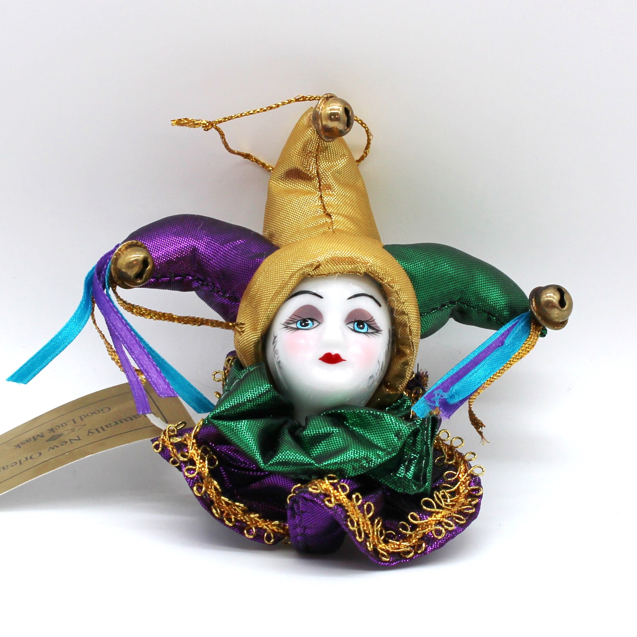 Vintage Porcelain Harlequin Ornament: Mardi Gras Jester, New