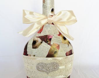 Vintage Decoupage Brandy Bottle Decor: Paper Roses, Silver Heart, Lace Ribbon